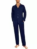Aseniza Schlafanzug Herren Lang Pyjama Baumwolle Set Männer Nachtwäsche Langarm zum Knöpfen Navyblau L