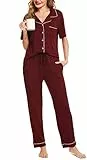 Lovasy Schlafanzug Damen Lang Kurzarm Pyjama mit Knöpfen Schlafanzüge für Damen Zweiteiliger Loungewear Set mit Taschen und Kordelzug,Weinrot,M