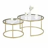 Soayone Couchtische Gold, Couchtisch Glas mit Gold Metallgestell, Couchtisch 2er Set, Runder Wohnzimmertisch, Stubentisch, Couch Tisch 80x80x45 & 60x60x35 cm