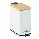 Relaxdays Mülleimer Bad, 5 Liter, entnehmbarer Inneneimer, Kosmetikeimer, Metall, Badmülleimer mit Bambusdeckel, weiß
