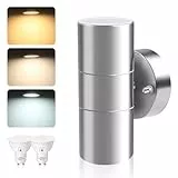 ALUSSO LIGHTING Edelstahl LED Wandleuchte Innen/Außen Up Down Aussenlampe, Wandlampe inkl. 2x 8W GU10 Glühbirnen 750LM 3000K/4000K/6000K Außenlampe, Außenleuchte IP65 Wasserdicht für Garten, Silber