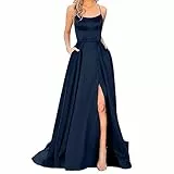 Abendkleider elegant, Ballkleider Damen Lang Elegant mit Taschen Abendkleider A-Linie Backless Satin Kleid Abschlusskleid Sexy Neckholder Festliche Kleider Hochzeit Brautjungfernkleider