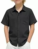 Arshiner Jungen Hemden Leinen Sommer Kinder Leichtes Kurzarmshirt Freizeit Komfort Hemd für Jungen 14-15 Jahre Schwarz