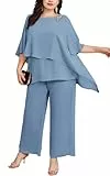 Hanna Nikole Hosenanzug Damen Große Größen Chiffon Shirt Irregular Collar Batwing Sleeves Chiffon Shirt 2 Piece Set Occasion Trousers Chiffon Shirt Grau Blau 50