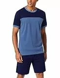 Aseniza Schlafanzug Herren Kurz Pyjama Set Baumwolle Shorty Schlafanzüge für Männer Hausanzug Kurzarm Nachtwäsche T-Shirt und Hose Zweiteilige Kobaltblau,XL