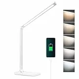 mafiti Schreibtischlampe LED Dimmbar Tischlampe 5 Farb und 3 Helligkeitsstufen, Augenfreundliche Nachttischlampe, USB-Anschluss für Leser, Kinder, Büro-Weiß [Energieklasse E]