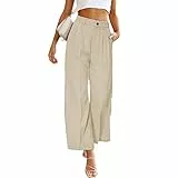 Ausla Leinenhose Damen Lang Culotte High Waist Sommerhose Elegant Bequem Stoff Luftig Locker Stoffhose mit Tasten (XL)