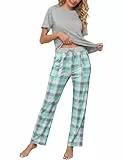 Uniexcosm Schlafanzug Damen Lang Zweiteiler Pyjama Set Kurzarm Rundhals Oberteil und Karierte Pyjamahose Sleepwear für Frauen Grau XL