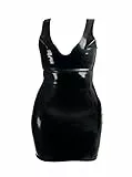 Rubberfashion Latex Mini Kleid - Latexkleid kurz - Arm frei mit Trägern und V-Ausschnitt - sexy Frauen Kleider für Damen schwarz 0.4mm XL