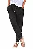 Livonmone Hose Damen Sommer Casual Baumwolle Leinen Stoffhose Einfarbig Freizeithose Stretch Leicht Leinenhose Straight Leg Hose und Taschen(Z Schwarz, M)