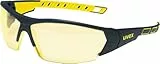 Uvex i-works Schutzbrille, Arbeitsschutzbrille mit supravision excellence Technologie, kratzfest & beschlagfrei, UV400-Schutz, Schwarz-Gelb/Amber