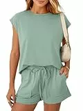 REORIA Damen Rundhalsausschnitt Jogginganzug Kurzarm Zweiteiler Trainingsanzug Hausanzug Sport Set Elegantes Outfit Lounge Set Grau Grün S