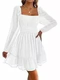 Imily Bela Damen Kleider Square Neck Partykleid Mesh Minikleid High Waist Falten Langarmkleid Hochzeitsgast mit Rüschen(Weiß, L)