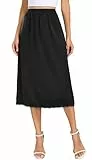 Vlazom Damen Satin Unterrock Lang Rock Petticoat mit Spitze Elastische Taille Halbe Slips für Unterkleider（M，Schwarz）