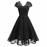 OMEWEE 1950er Vintage Retro Cocktailkleid Damen Elegant Knielang Rockabilly Kleider V-Ausschnitt Chiffon Kurzarm Spitzenkleid A-Line Swing Hochzeit festliches Kleid Kleid Abendkleid Schwarz M