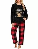 Niwicee Schlafanzug Damen Lang Winter Fleece Weihnachts Pyjama Elch Zweiteiliger Set Thermo Nachtwäsche Set Warmer Heim Lounge Anzug Weihnachtspullover mit Karierte Schlafanzughosen(Schwarz,M)