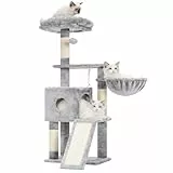 Hey-brother Kratzbaum, 108cm Indoor Katzenbaum, mehrstöckiger Katzenkratzbaum für Kätzchen, mit Kratzsäulen, Rampe, Körbchen, geräumigem Katzenloch und hängendem Pompon-Spielzeug, Hellgrau MPJ007SW