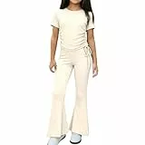XINYUNZU Mädchen Bekleidungssets Sommer Outfit 2-Teilig T-Shirt und Schlaghose Set Zweiteiler Kinderkleidung Slim Fit Freizeitanzug Einfarbig Outdoor Mädchenbekleidung Kinder Beige 9-10 Jahre