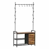 Leader Accessories Garderobenständer mit Bank Metallgarderoben rustikal Kleiderständer 176x30x84cm (HxTxB) Schwarz/Braun