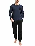 Marvmys Herren Schlafanzug Lang Baumwolle Winter Pyjama Set Schlafanzüge Männer Langarm Shirt mit Brusttasche Pyjamahose mit Tasche und Bündchen Navy blau 3XL