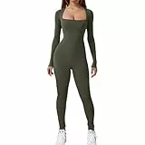 Jetjoy Damen Sport Jumpsuit Lang Yoga Langarm Bodycon Einteiler Ganzkörperanzug Stretch Elegant Jumpsuit eng Eckigem Ausschnitt Gerippte Workout Overall Hosenanzug,Langarm Oliv Grün,L