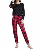 UNibelle Damen Schlafanzug Lang Zweiteiliger Schlafanzug Winter Pyjama Set V-Ausschnitt Langarm Schlafanzüge für Damen Sleepwear Lange Pjs Set Rot M