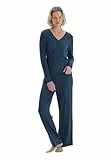 Dagi Women's Linear Printed Embroidered Cotton Modal Shirt Trousers Pajama Set, Navy, L
