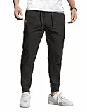 COOFANDY Hosen Herren Cargohose Jogginghose Baumwolle Elastischer Bund Casual Sweatpants Freizeithose mit Gummizug Schlupfhose mit Taschen Schwarz M