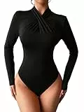 GORGLITTER Bodys Damen Elegant Langarm Bodysuit Stehkragen Criss Cross Bodies Bodysuits Overall Oberteil Body Langarm Tshirt Schwarz L