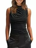 Imily Bela Damen Tank Top Ruched Stehkragen Tops Sexy Ärmellos T-Shirts Sommer Wasserfall Camisole Oberteil(Schwarz, S)