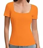 OYIGELZ Damen T-Shirt Quadratischer Ausschnitt Kurzarm Oberteil Elegant Slim Fit Basic Sommer Shirt(Orange-F1,XS)