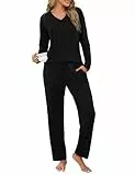 Uniexcosm Schlafanzug Damen Lang Zweiteiler Herbst Winter Pyjama Set Baumwolle V-Ausschnitt Nachtwäsche und Pyjamahose Loungewear Schwarz M