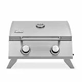 tepro Tischgasgrill Chicago, 2 Brenner mit je ca. 3 kW Leistung, Piezozündung, Thermometer, Maße ca. 54 x 45,5 x 36 cm, Silber