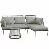 Outsunny 3 TLG. Rattan Gartenmöbel-Set, Sitzgruppe mit Kissen, Gartengarnitur mit 1 Beistelltisch, 1 Liegestuhl, 1 Doppelsofa, Sitzgarnitur für Garten, Terrasse, Stahl, Hellgrau