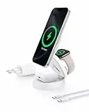 Belkin BoostCharge 3-in-1 Induktive Ladestation mit Qi2, 15W, MagSafe-kompatibles Ladegerät, Kabellose, Verstellbare, für iPhone 17, Air, Pixelsnap, Apple Watch, AirPods, inkl. 30-W-Netzteil – Weiß