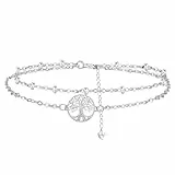 Hifeeled Lebensbaum Fußkettchen Damen Silber 925 Doppelkette mit Kugelperlen Fusskettchen Sommer Barfuß Strand Fußketten Verstellbar |22cm+4|