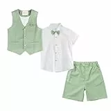 LOLANTA 4 STK Pagen Junge Kurzanzug, Kinder Leinenanzug Sommer Anzug, Festliche Sommerhochzeit Taufe Zeremonie Outfit, Geburtstag Partykleidung, Kind Westen Shorts Set, Grün, 10-11 Jahre, 150