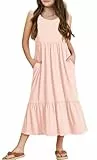 Haloumoning Mädchenkleider Sommer Ärmelloses Kleid Rundhals Tanktop Kleid Kinder Langes Freizeitkleid Sundress, Rosa, 12-14 Jahre