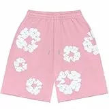 Kurze Hosen Herren Shorts Sommer Leicht Sportshorts Baumwolle Blumen Freizeit Hose Herren Kurz Laufhose Y2K Hip Hop Strandshorts mit Tasche(Rosa,M)