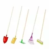 Rekord Kinder Gartengeräte Set 5-teilig (Schaufel (Gelb), Spitzspaten (Rot), Rechen (Grün), Besen (Grün), Laubbesen (Lila)- Metall - Holz-Stiel (76cm) Gartenspielzeug, Gartenset, Kinder-Gartenwerkzeug