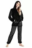 CityComfort Schlafanzug Damen Lang mit Kapuze, Pyjama Damen Set aus Flauschigem Fleece, Geschenke für Frauen & Teenager (Schwarz, S)