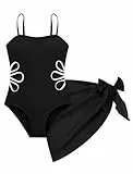 Odizli Badeanzug Mädchen Kinder Sommer Spaghettiträger Blumen Cut Out Body mit Rock Set Badeanzüge Bademode Schwimmanzug Strandmode Swimsuit Schwarz 13-14 Jahre