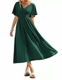 Kate Kasin Damen Sommer Kurzarm Kleider Elegant V-Ausschnitt A-Linie Freizeitkleid Hochzeit Strand Boho Maxikleid Dunkelgrün XL