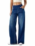 LaiEr Damen Denim Hose mit weitem Bein, hohe Taille, gerades Bein, lockere Passform, Unregelmäßiger handgeriebener Katzenschnurrhaarverlauf hohe Elastizität Casual Jeans(DarkBlueM)