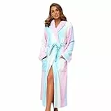 RONGTAI Damen Bademantel_ Fleece_ plüschig_ warm_ lang_ mit Taschen (Medium_ Regenbogen)