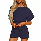 Ejoyous Jumpsuit Damen Sommer Blumen kurz Overall, Jumpsuit Kurz Playsuit Overal Elegant mit Bindegürtel Ausschnitt Spagettiträger Stretch Locker Damen Frauen(m-Blau)