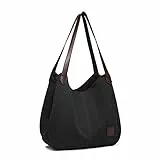 KONO Damen Canvas Schultertasche Vintage Hobo Handtasche Umhängentasche Shopper Tasche für Arbeit Schule Reise (Schwarz)