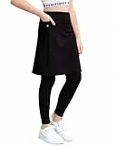 Haloumoning Mädchen Leggings mit Rock Knöchelläng Kinder Laufhose Tennisrock mit Taschen Yoga Sport Rockhose Tennisbekleidung 2-in-1 Schwarz 10-12 Jahre