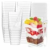 Exsink 40 Stück Desserttasse,mit Deckel und Löffeln, 5 OZ /160ML Klar dessertschalen,Wiederverwendbar Quadratischer dessertbecher, für Familiendesserts, Puddings, Mousses und Eispartys Dessertbecher