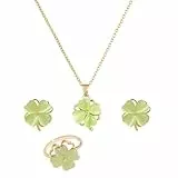 KONFEN Damen Schmuck Sets, Schmuckset Vierblättriges Kleeblatt Drehen Anhänger Halskette Ohrringe und Ring Set mit Opal, Halsketten Verstellbare Länge Geschenke für Mädchen, Gold